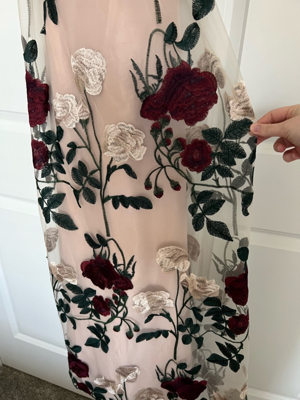 Blush Floral Embroidered Maxi Dress with Burgundy Roses - Picture 3 of 5